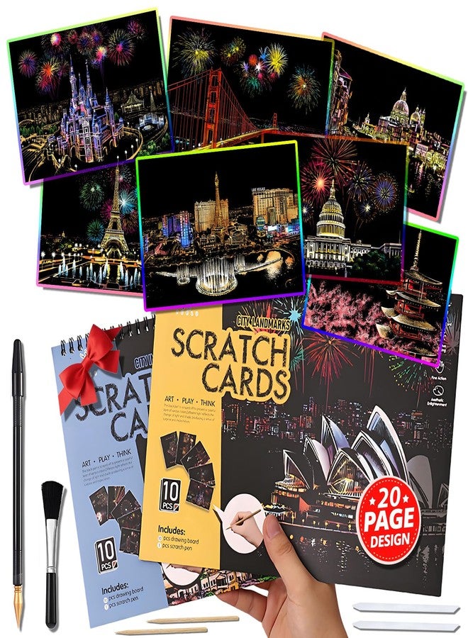 VTEAS 20 PCS Cityscape Scratch Art Book for Teen & Adults: DIY Colorful City Series Painting Paper | ASMR Stress-Relief Engraving Kit Scratchboard | DIY Sketch Card Creative Craft Toy (Rainbow Landmarks) - Image 1